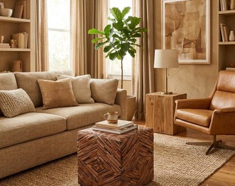 May include: A living room featuring a beige sofa with textured throw pillows, a brown leather swivel chair, and a square wooden ottoman with a geometric pattern. A table lamp sits on a wooden side table next to a potted fiddle leaf fig plant.