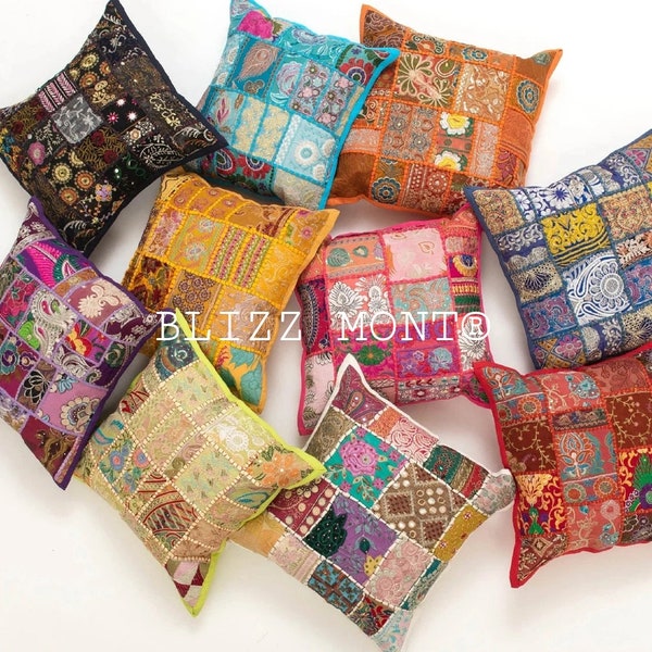 LOT DE 3 housses de coussin décoratives faites à la main traditionnelles Patchwork belle broderie ethnique Patchwork housse de coussin oreiller traditionnel