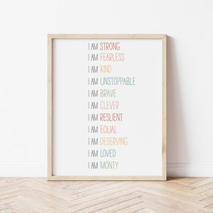 I AM prints, positive affirmation print, personalised print, children&#39;s bedroom affirmation print, 3 different colours available