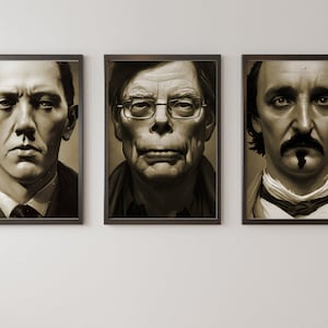 HP Lovecraft, Stephen King & Edgar Allan Poe - 3 x Amerikanische Schriftsteller und Dichter Portraits - Sofortiger digitaler Download Hochwertige JPG Wandkunst