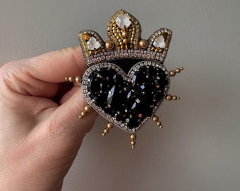 Handmade Beaded Heart Brooch: Black & Gold Embroidered Crown