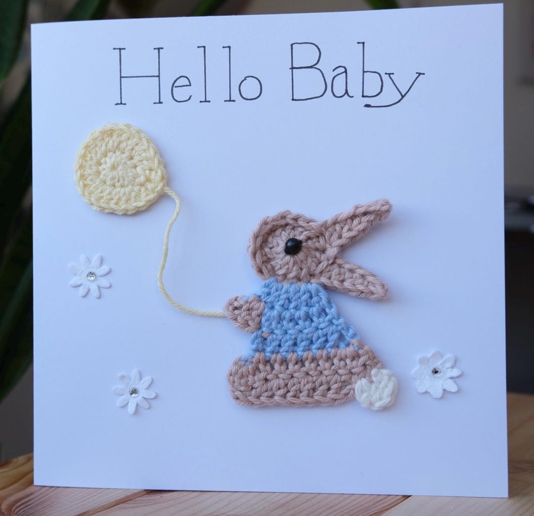 Crocheted Card/ Hello Baby/ Rabbit Card/ Card /hand Made/new Baby Card ...