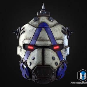 May include: A futuristic helmet with a distressed white finish and blue accents. The helmet features a prominent blue "A" design, red glowing eye-like lights, and various mechanical details, including spikes and vents. The overall design suggests a sci-fi or cosplay theme.