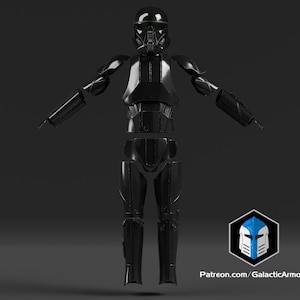 以下が含まれることがあります： 黒く光沢のあるデス・トルーパーのアーマーセット。ヘルメットとボディアーマーが特徴です。暗い背景に表示されています。画像には「Patreon.com/GalacticArmory」の文字が含まれています。