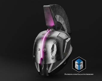 May include: A futuristic silver helmet with a pink glowing accent line. The helmet has a dark, textured finish and a black, spiky crest. The design includes a logo and the text "PATREON.COM/GALACTICARMORY".