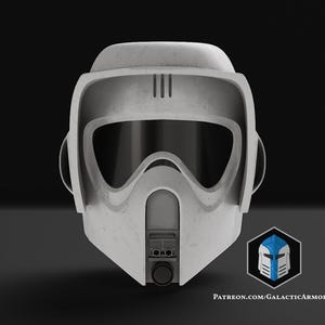 May include: A white and grey Scout Trooper helmet with a visor and a chin vent. The helmet has a rounded top and side details. The image includes the text "PATREON.COM/GALACTICARMORY" and a logo.