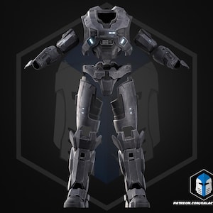 May include: A detailed, dark gray futuristic armor set, featuring segmented plates and glowing blue accents. The armor is displayed in a disassembled state, showcasing the chest, arms, legs, and other components. The image includes a logo and website address.