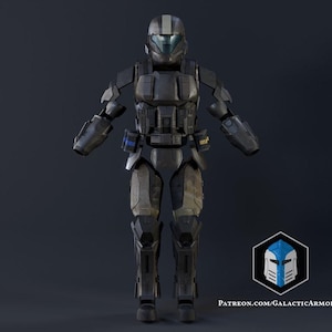May include: A full-body image of a futuristic, dark grey armored suit. The suit features a helmet with a visor, chest armour, and articulated limbs. Blue and yellow accents are visible. The image includes the text "PATREON.COM/GALACTICARMORY".