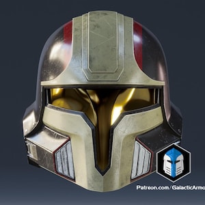 May include: A futuristic helmet with a gold visor and a weathered, metallic finish. The helmet features a combination of colors, including black, tan, and red accents. The design includes a logo and the text "Patreon.com/GalacticArmory".