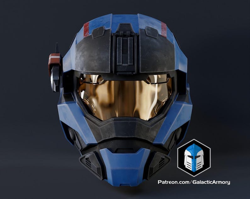 May include: A blue and black futuristic helmet with a gold visor. The helmet has red accents and a communication device on the side. The design includes a logo and the text "Patreon.com/GalacticArmory".