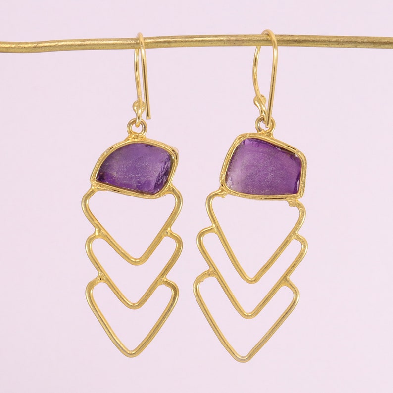 Natural Raw Amethyst Gold Plated Brass Earring Birthstone Earring Healing Crystal Wedding Gift Jewelry Rough Gemstone Geometric Earring