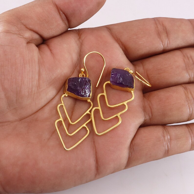 Natural Raw Amethyst Gold Plated Brass Earring Birthstone Earring Healing Crystal Wedding Gift Jewelry Rough Gemstone Geometric Earring