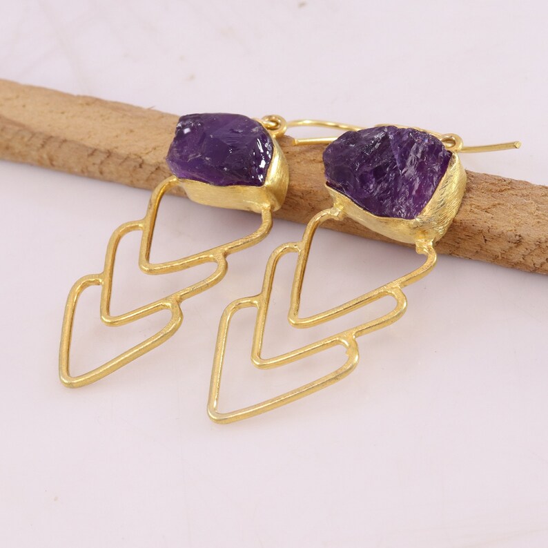 Natural Raw Amethyst Gold Plated Brass Earring Birthstone Earring Healing Crystal Wedding Gift Jewelry Rough Gemstone Geometric Earring