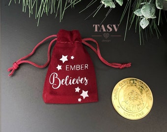 Gold Santa Claus Wishing Coin And Personalised Velvet Drawstring Bag For Believers