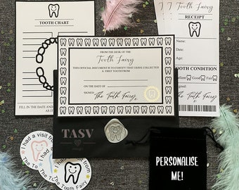 Personalised Tooth Fairy Bundle: Certificate, Chart, Stickers, Receipts, Wax Seal Stamp, Envelope & Bag