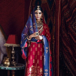 May include: A woman wearing a red and gold embroidered dress with a blue dupatta. She is standing in front of a red and gold rug. The dress has a floral pattern and the dupatta has a dragonfly pattern.