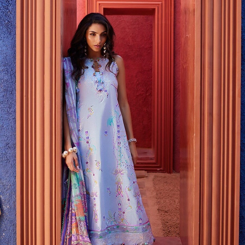 Teal Raw Silk Ready to Wear 3 Pcs Farshi Shalwar Dress