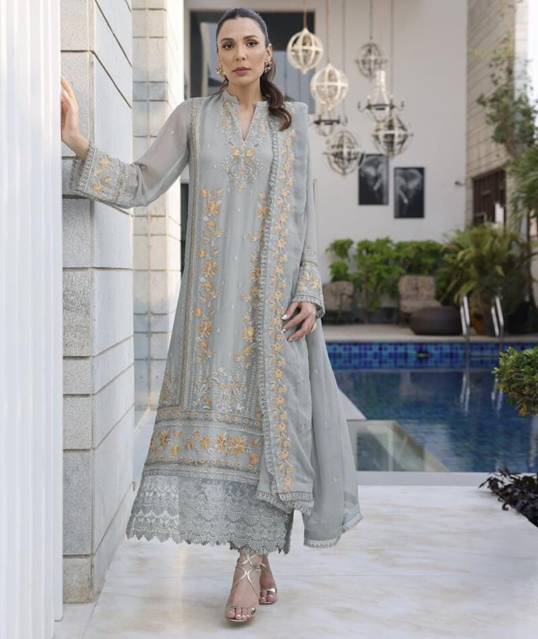 shopatfatima Brand New Original Pakistani Chiffon Embroidered 3 Piece Dress Merakish Stitched Small Medium Large Size Designer Eid Shopping
