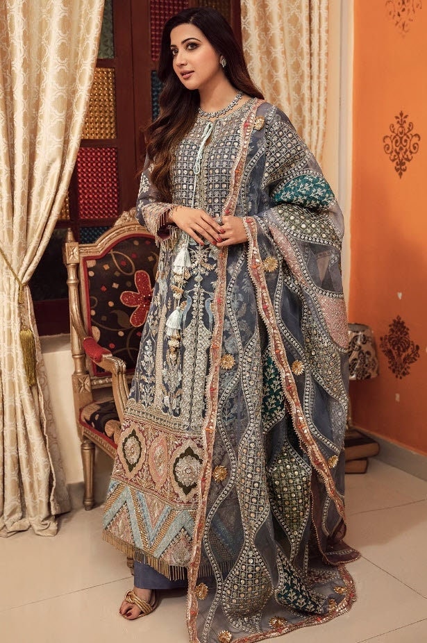 Pakistani Bridal Wedding Formal dress Original Gisele Sajni Mehrma Party wear Free Ship Premium Collection Heavy Embroidery Organza Silk