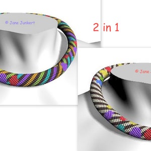 May include: Two colorful beaded necklaces with a black and white striped pattern. The necklaces are displayed on a white mannequin bust. The text "2 in 1" is displayed above the necklaces.