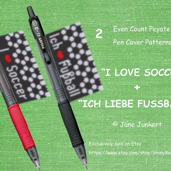 2 Peyote Pen Cover Patterns for Pilot G2 Pens "I love SOCCER+Ich liebe FUSSBALL" /2 Pdf ENGLISH / Pattern for Pen Wrap / Pen Cover Pattern