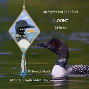 May include: A beaded loon pendant with a diamond shape, featuring a loon design, hangs near a real loon swimming in water. The pendant has a blue sky background and the text "LOON" and "31 Rows".