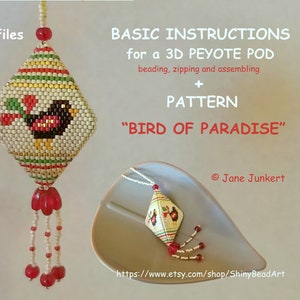 Könnte beinhalten: Ein 3D-Peyote-Pod-Anhänger aus Perlen mit einem Paradiesvogel-Motiv. Der Anhänger ist weiß mit roten, gelben und grünen Akzenten. Der Anhänger hängt an einer Perlenkette. Das Bild enthält auch Text, der lautet "BASIC INSTRUCTIONS for a 3D PEYOTE POD beading, zipping and assembling + PATTERN "BIRD OF PARADISE" © Jane Junkert https://www.etsy.com/shop/ShinyBeadArt"