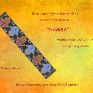 May include: A black beaded bracelet or bookmark with a Hamsa hand pattern in red, blue, and black. The text "HAMSA" is displayed, along with the width of about 1.22 inches and adjustable length. The design is an Even Count Peyote Pattern.