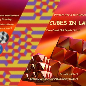 Könnte beinhalten: Digitales Muster für ein flaches Armband mit dem Titel "Cubes in Lanes", das ein geradzahliges flaches Peyote-Stich-Design aufweist. Das Bild zeigt ein geometrisches Muster in Rot, Gelb und Lila mit dem Text "CUBES IN LANES."