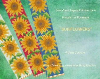 SUNFLOWERS / Even-Count Peyote Bracelet or Bookmark Pattern / Pdf ENGLISH / Peyote Bracelet Design / with graphics and word chart