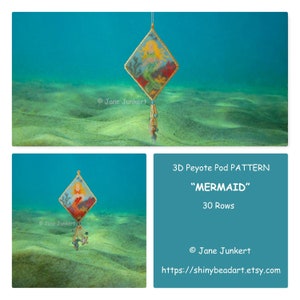 Könnte beinhalten: Ein 3D-Peyote-Stickmuster für eine Meerjungfrau mit 30 Reihen. Das Muster wird als fertiges Stück gezeigt, das unter Wasser hängt. Die Meerjungfrau ist in einem farbenfrohen, detaillierten Design dargestellt.