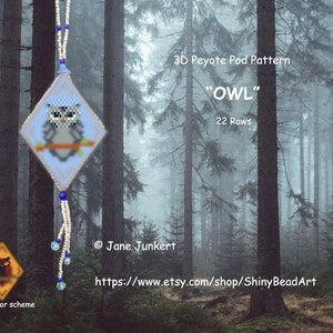 May include: A beaded owl pendant in a blue and white peyote stitch pattern. The pendant is hanging from a beaded string with blue and white beads. The background is a blurry image of a forest.
