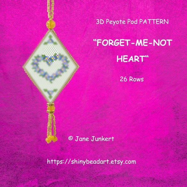 FORGET-ME-NOT Heart (Herz aus Vergissmeinnicht) / 3D Peyote Pod Muster / pdf English / mit Graphiken und Word Chart