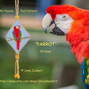 May include: A beaded parrot ornament in a diamond shape with a blue background. The ornament is hanging from a gold cord with a tassel. The text "PARROT" and "28 Rows" is below the ornament. A red, yellow, and blue macaw is in the background.
