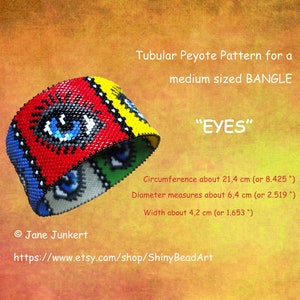 Könnte beinhalten: Tubulares Peyote-Stich-Perlenmuster für ein Armband mit einem farbenfrohen Augenmotiv. Das Muster heißt "EYES" und misst 21,4 cm im Umfang, 6,4 cm im Durchmesser und 4,2 cm in der Breite.