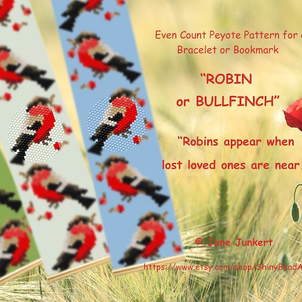 ROBIN, BULLFINCH / Modèle de bracelet ou marque-page Peyote / Pdf ANGLAIS / même compter le peyote / instructions d'enfilage / avec graphiques et grille de mots