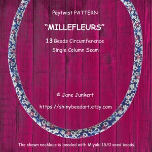 May include: A beaded necklace with a floral pattern in blue, white, and red. The text "MILLEFLEURS" is displayed above the necklace, along with other text. The necklace is made with Miyuki 15/0 seed beads.