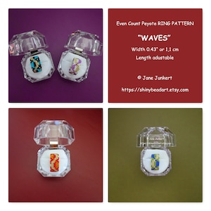 Könnte beinhalten: Vier Nahaufnahmen von Perlenringen in kleinen, durchsichtigen Schachteln. Die Ringe sind mit gerader Peyote-Stichtechnik gefertigt und heißen "WAVES". Die Ringe sind 0,43 Zoll breit oder 1,1 cm und in der Länge verstellbar. Der Text "Even Count Peyote RING PATTERN" und "WAVES" ist auf dem Bild zu sehen. Der Text "Width 0.43" or 1,1 cm" und "Length adjustable" ist auf dem Bild zu sehen. Der Text "© Jane Junkert" und "https://shinybeadart.etsy.com" ist auf dem Bild zu sehen.