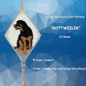 May include: A white diamond-shaped beading pattern for a Rottweiler dog. The pattern is for a large 3D peyote pod and has 43 rows. The pattern is on a white background with a blue background behind it.