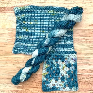 May include: A skein of teal and white yarn with a crocheted square and a knitted square made with the yarn.