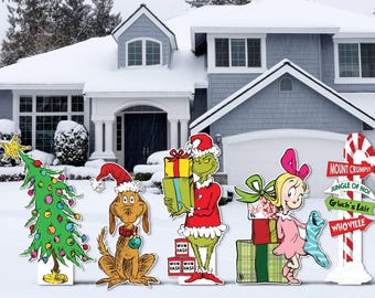 Grinch with gifts christmas cutouts | whoville | dr seuss decorations | yard signs | holiday seasonal product