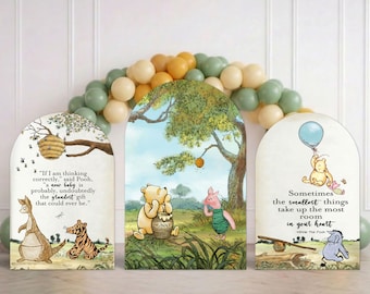 Classic Winnie Arch Backdrop Panels | Storybook Bear Theme Backdrop | Neutral Baby Shower Decor | 3 Panel Set | Party Photo Background