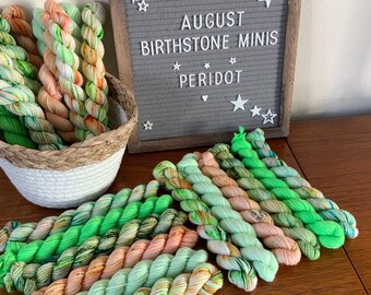 August Birthstone Mini skeins - Peridot - hand dyed yarn - 6 x 20g minis - fingering weight or DK