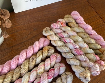 Miss Potter Mini Skeins - Hand dyed yarn - superwash merino nylon 4ply or DK - 5 x 20g minis - pink brown speckled