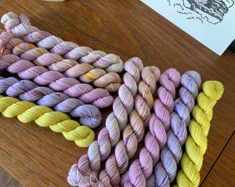 Viola Mini Skeins - Hand dyed yarn - superwash merino nylon 4ply or DK - lilac purple pink yellow speckled