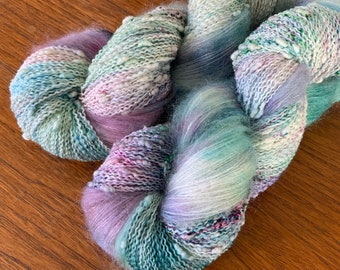 Luckdragon - Hand dyed yarn - Twinset - Merino Slub & Mohair Silk - green pink lilac speckled - gifts for knitters