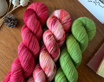 Rose Garden - 3 skein trio - Hand Dyed sock yarn - knitting Crochet - merino nylon 4ply fingering weight - red pink speckled green