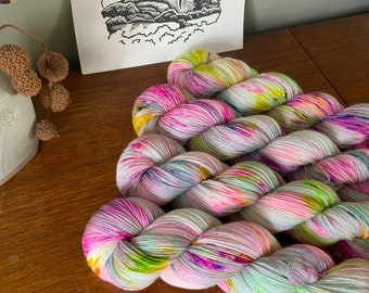 Bloom - Hand Dyed Speckled Luxury Sock Yarn - Superwash Merino Cashmere Nylon - Green Pink Yellow Lilac