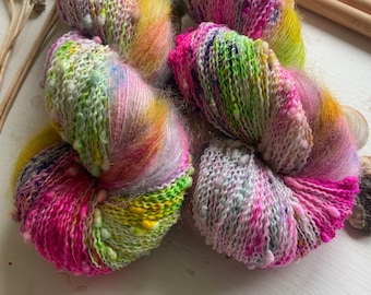 Bloom - Twinset - Hand dyed yarn - 2 skeins - merino slub and kid mohair silk - pink green yellow lilac blue