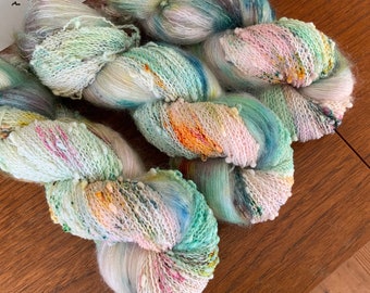 Waterlily - Twinset hand dyed yarn - 2 skeins - merino slub and mohair silk - green pink yellow speckled